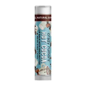 A tube of lip balm with the text 'Hot Cocoa' and images of mugs of cocoa.