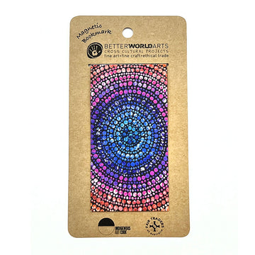 A magnetic bookmark printed with artwork by Olivia Wilson attached to a brown card.