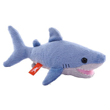 A shark soft toy in blue and grey.