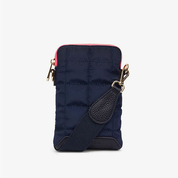 A phone shaped bag in a navy quilted pattern.
