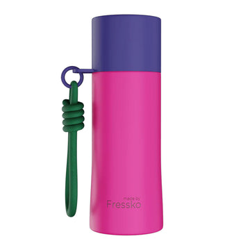 Pink water bottle with purple cap and green handle on a white background.