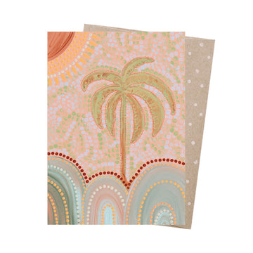Card with palm tree design on a white background.
