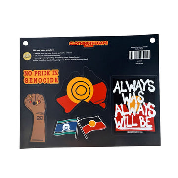 Set of stickers with various First Nations designs including a map of Australia and Aboriginal and Torres Strait Islander flags on a black background, featuring text and symbols.