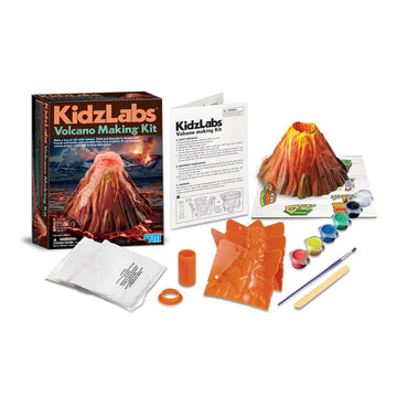 A box titled 'Volcano Making Kit' with a picture of a volcano toy and photos of lava and eruptions in the background.