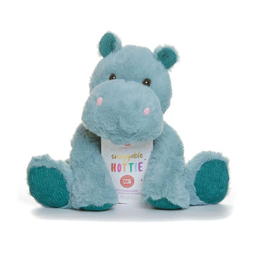 A blue hippo soft toy with a white product tag and the name 'Snuggable Hottie'