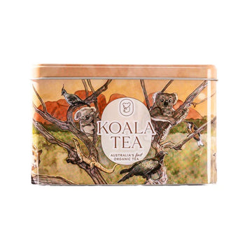 Koala Tea tin packaging with an image of koalas and birds on a tree on a white background.