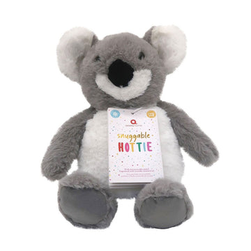 A koala shaped soft toy with a tag around its neck with the text 'snuggable hottie'.