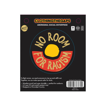 Sticker with 'No Room for Racism' slogan and branding on a black background.