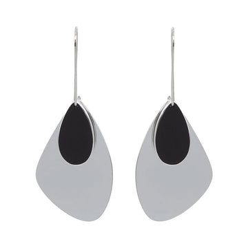 A pair of drop earrings made from stainless steel with a silver back and smaller black layer over the top.