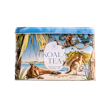 Koala Tea tin packaging with illustrations of koalas and kangaroos on a white background.