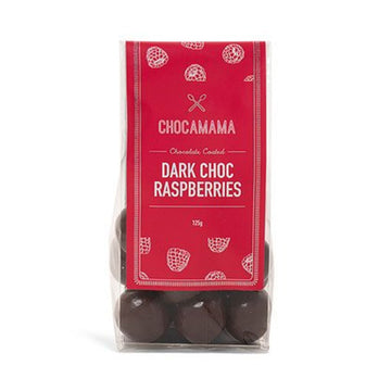 A clear bag with a large red label and the text 'Dark Choc Raspberries' with the chocolate covered raspberries visible inside the bag.
