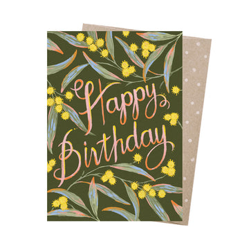 A greeting card with the text 'Happy Birthday' surrounded by wattle flowers.
