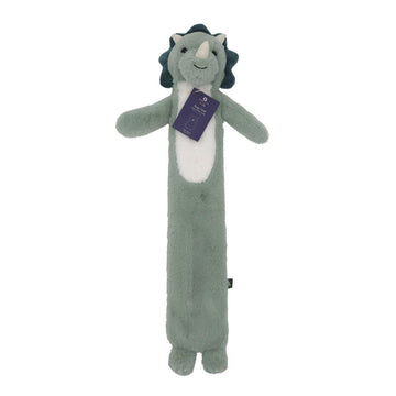 A long green dinosaur shaped hot water bottle cover.