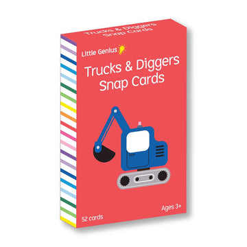 A card box with an illustration of a blue digger on the front on a red background. The heading 'Trucks & Diggers Snap Cards' is on the box.