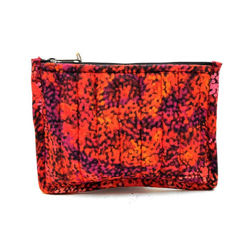 Pouch with a vibrant red and purple abstract pattern on a white background.