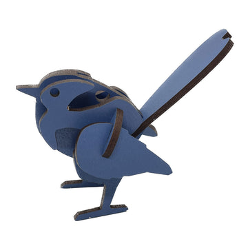 A wooden model of a blue wren and painted blue.