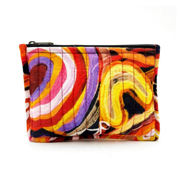 Colorful zippered pouch with abstract design on a white background.