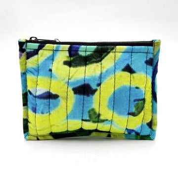 Colorful blue green pouch with a zipper on a white background.