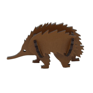 A 3D wooden model of an echidna painted brown.