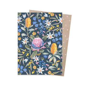 A greeting card illustrated with assorted bush flowers on a navy background.