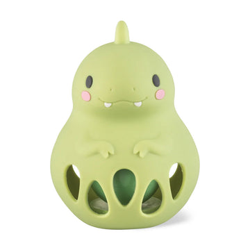 A silicone rattler shaped like a dinosaur with cut out tear drops on the bottom.