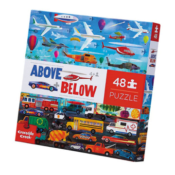 Puzzle box with transportation-themed illustrations and 'Above Below' text.