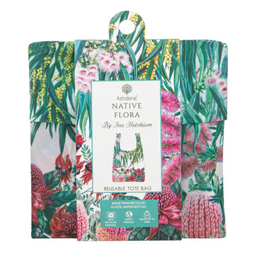 A reusable shopping bag printed with flowers.