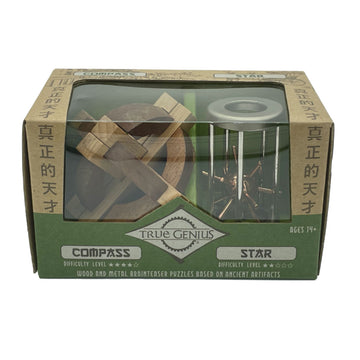 Two wooden and metal puzzles inside a box with a clear window.