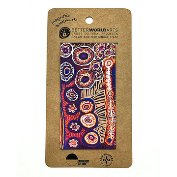 A magnetic bookmark printed with artwork by Murdie Morris attached to a brown card.