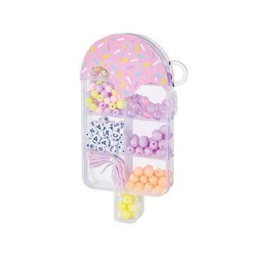 A Popsicle shaped container with compartments filled with beads.