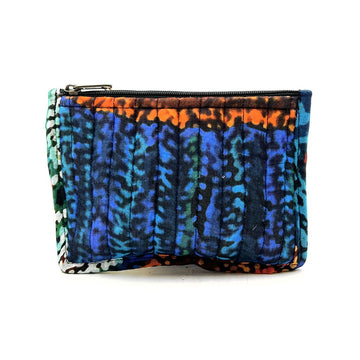 Multicolored patterned pouch with a zipper on a white background.