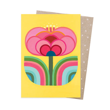 A greeting card illustrated with a large pink flower on a yellow background.