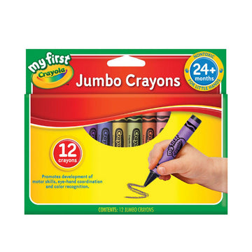 A packet of crayons with the heading 'Jumbo Crayons' and a photo of a child's hand holding a purple crayon.