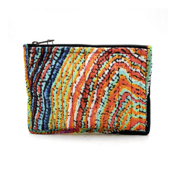 Multicolored striped pouch with a black zipper on a white background.