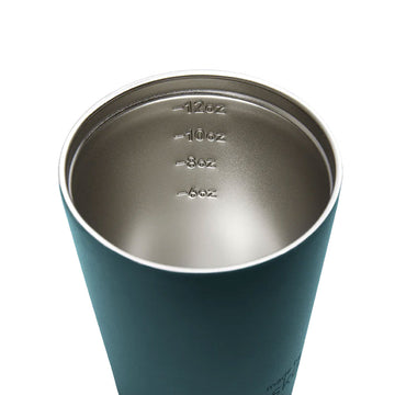 A reusable coffee cup in a dark emerald green with a black lid and the text 'made by Fressko' on the bottom.