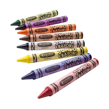 A packet of crayons with the heading 'Jumbo Crayons' and a photo of a child's hand holding a purple crayon.