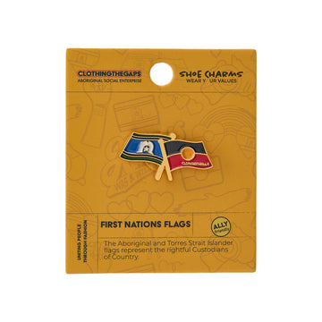 An enamel pin shaped like the Aboriginal and Torres Strait Islander flags attached to a yellow card.