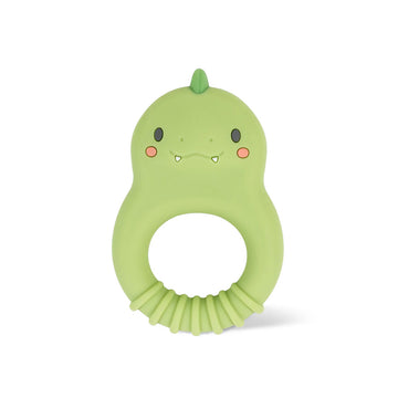 A silicone teething ring shaped like a green dinosaur.