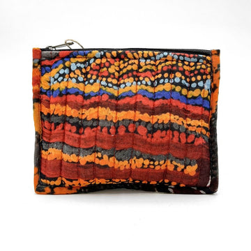 Colorful patterned pouch on a white background.