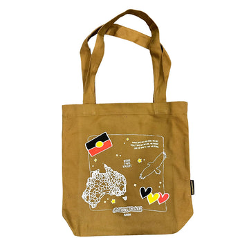 A caramel coloured tote bag with illustrations of Australia, the Aboriginal flag, hearts and an eagle.