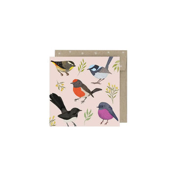 A square greeting card illustrated with birds.