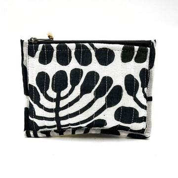 Small pouch with black and white abstract pattern on a white background.