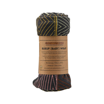 A wrapped up baby blanket with a brown card sleeve around it with product information.