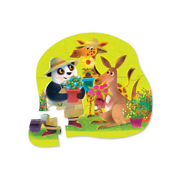 A puzzle box with an illustration of a panda, giraffe and kangaroo holding pots of flowers.