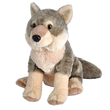 Plush toy wolf sitting on a white background.