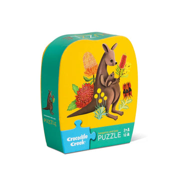 A puzzle box with an illustration of a kangaroo and joey surrounded by flowers.