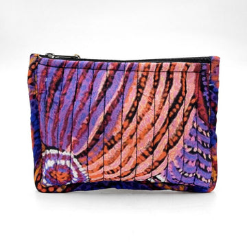 Multicolored patterned pouch on a white background.