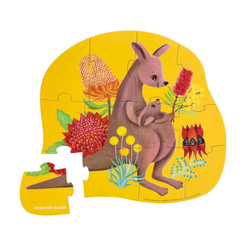 A puzzle box with an illustration of a kangaroo and joey surrounded by flowers.