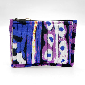 Colorful patterned pouch on a white background.