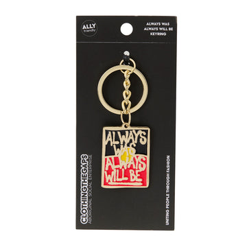 A keyring with the text 'Always Was Always Will Be' over the Aboriginal flag attached to black card.